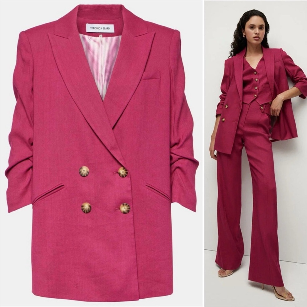 $698 Veronica Beard Kiernan Linen-Blend Blazer Wildberry Pink Size 16